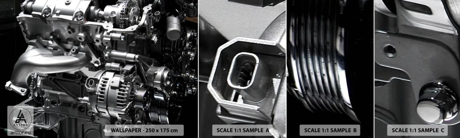 Provbit av självhäftande fototapet Deluxe Sticker - Stål, vacker, stark - Bil, Bilmotor, 3D - 100x30 cm