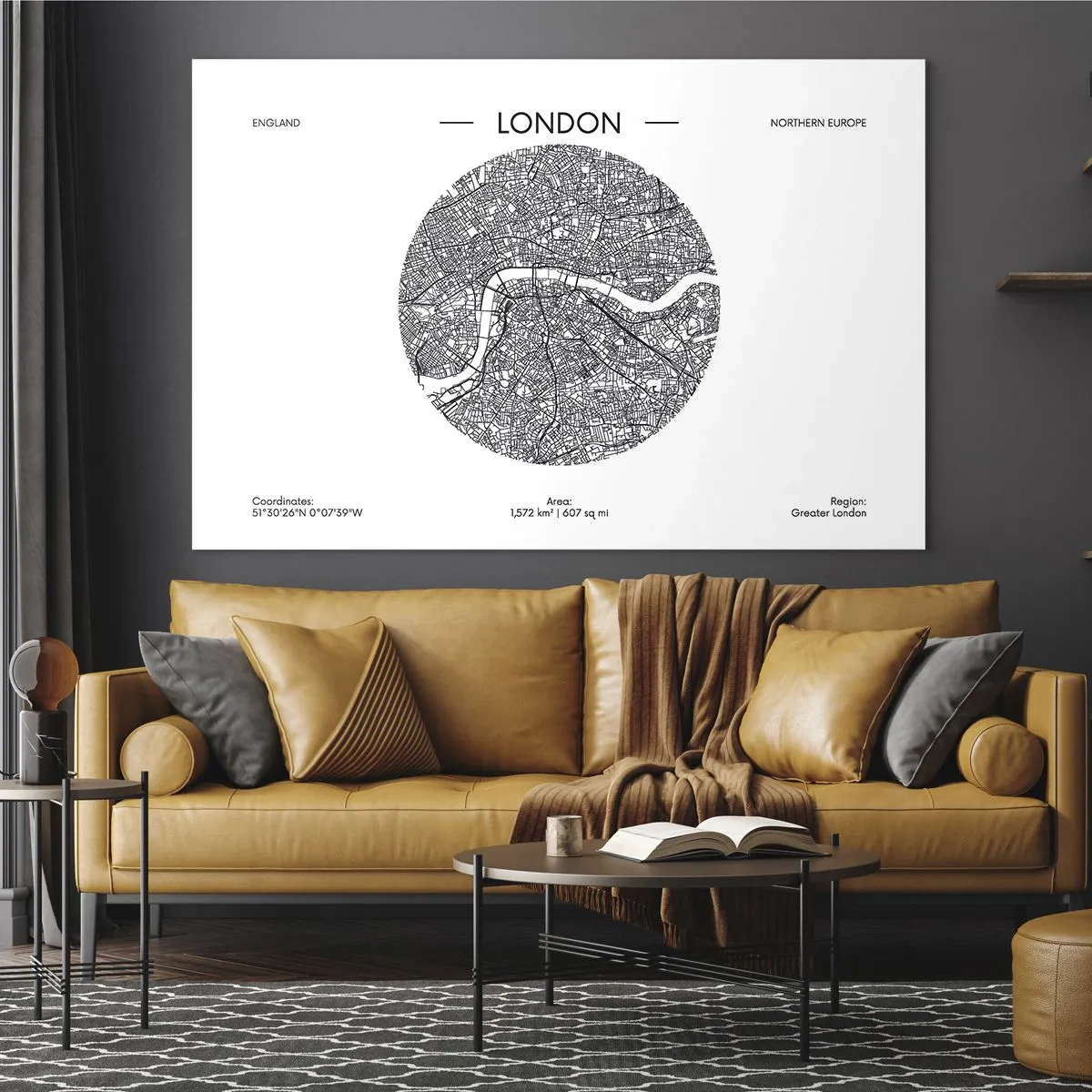 Glastavla - Bild på glas - En detaljerad karta över London i grafisk svartvit stil. - 70x50cm - Londons anatomi - Modern väggdekoration för vardagsrum och sovrum ARTTOR