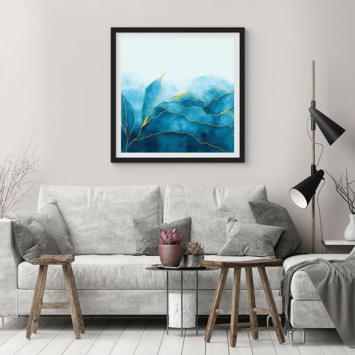 Affisch i svart ram - Blått i guld - 30x30 cm