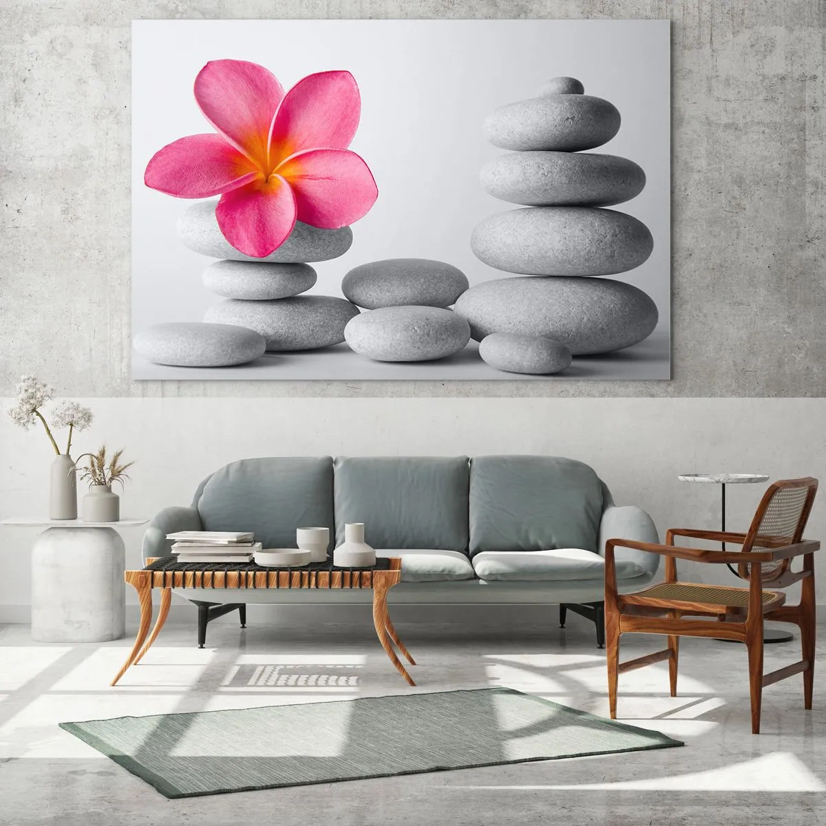 Glastavla - Bild på glas - En rosa blomma mot en hög med vita stenar - 70x50cm - Sten på sten och på stenen... - Modern väggdekoration för vardagsrum och sovrum ARTTOR