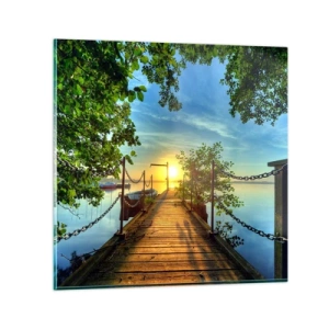 Glastavla - Bild på glas - Solnedgång vid vatten - 70x70 cm