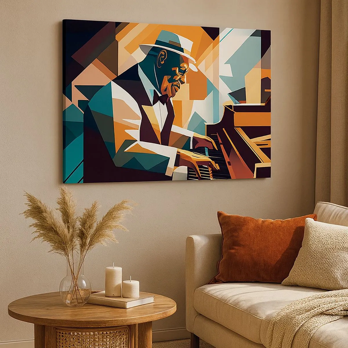 Canvastavla - Bild på duk - Abstrakt musiker som spelar piano i varma färger. - 70x50cm - Allt som är jazz - Modern väggdekoration för vardagsrum och sovrum ARTTOR
