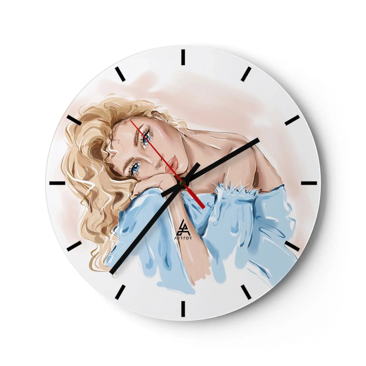 Väggklocka - Klocka på glas - Illustration av en kvinna med blonda lockar i en blå outfit mot en vit bakgrund - 30x30cm - Drömmande i blått - Modern väggdekoration för vardagsrum, kök och sovrum ARTTOR