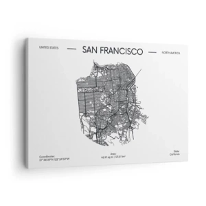 Canvastavla - Bild på duk - En karta över San Francisco i svartvit minimalistisk stil. - 70x50cm - San Franciscos anatomi - Modern väggdekoration för vardagsrum och sovrum ARTTOR