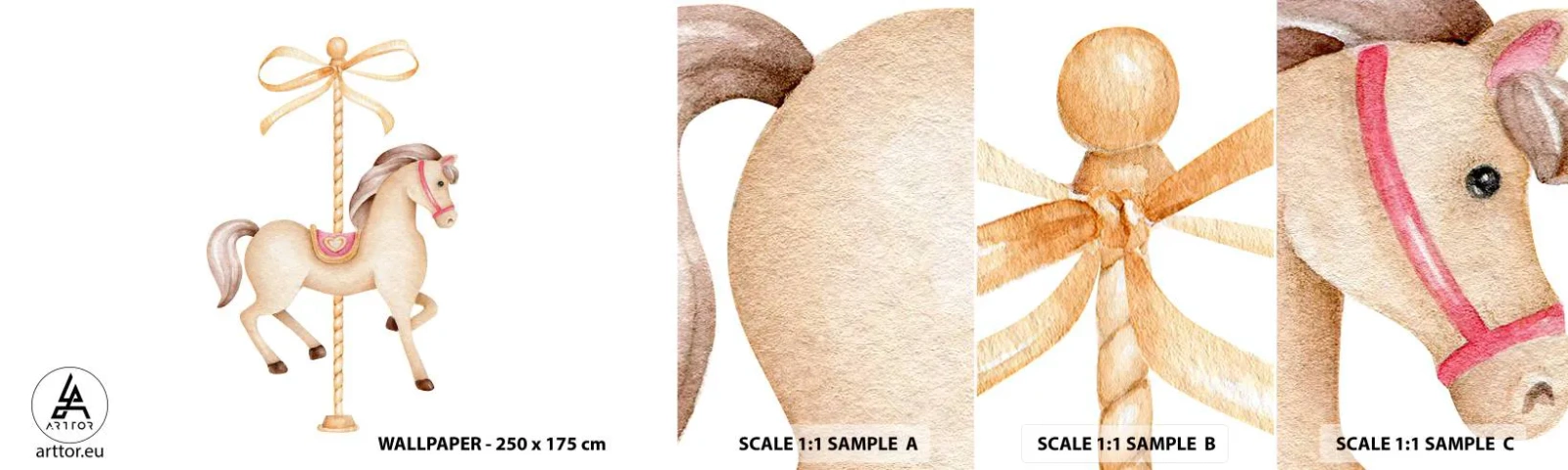 Provbit av självhäftande fototapet Deluxe Sticker - Med en graciös trav - Häst, Merry-go-round, Flickaktigt - 100x30 cm