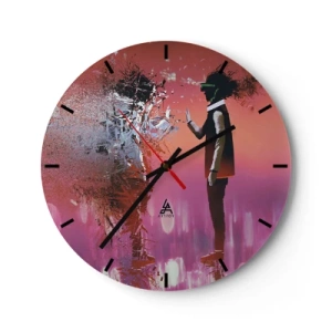 Väggklocka - Klocka på glas - En karaktär med VR-glasögon i en futuristisk, rosa värld - 30x30cm - Kan man titta in i sig själv? - Modern väggdekoration för vardagsrum, kök och sovrum ARTTOR