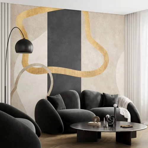 Fototapet Standard Eco - Guld- och beige linjer mot en svart och krämfärgad bakgrund - 100x70cm - Slingrande former - Modern väggdekoration för vardagsrum och sovrum ARTTOR