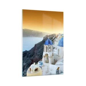 Glastavla - Bild på glas - Santorini - inbäddat i berg - 70x100 cm