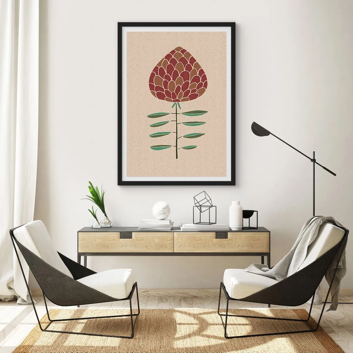 Affisch i svart ram - Abstrakt blomma i varma färger på en beige bakgrund - 50x70cm - Som en stor barrkotte - Modern väggdekoration för vardagsrum och sovrum ARTTOR