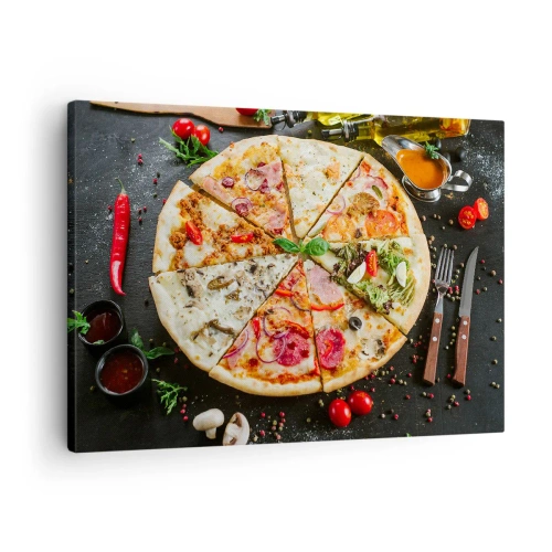 Canvastavla - Bild på duk - Pizza i olika smaker med en bakgrund av pålägg - 70x50cm - Smakurval - Modern väggdekoration för vardagsrum och sovrum ARTTOR