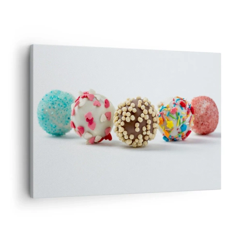 Canvastavla - Bild på duk - Färgglada praliner med dekorationer på vit bakgrund - 70x50cm - Livet kan vara sött - Modern väggdekoration för vardagsrum och sovrum ARTTOR