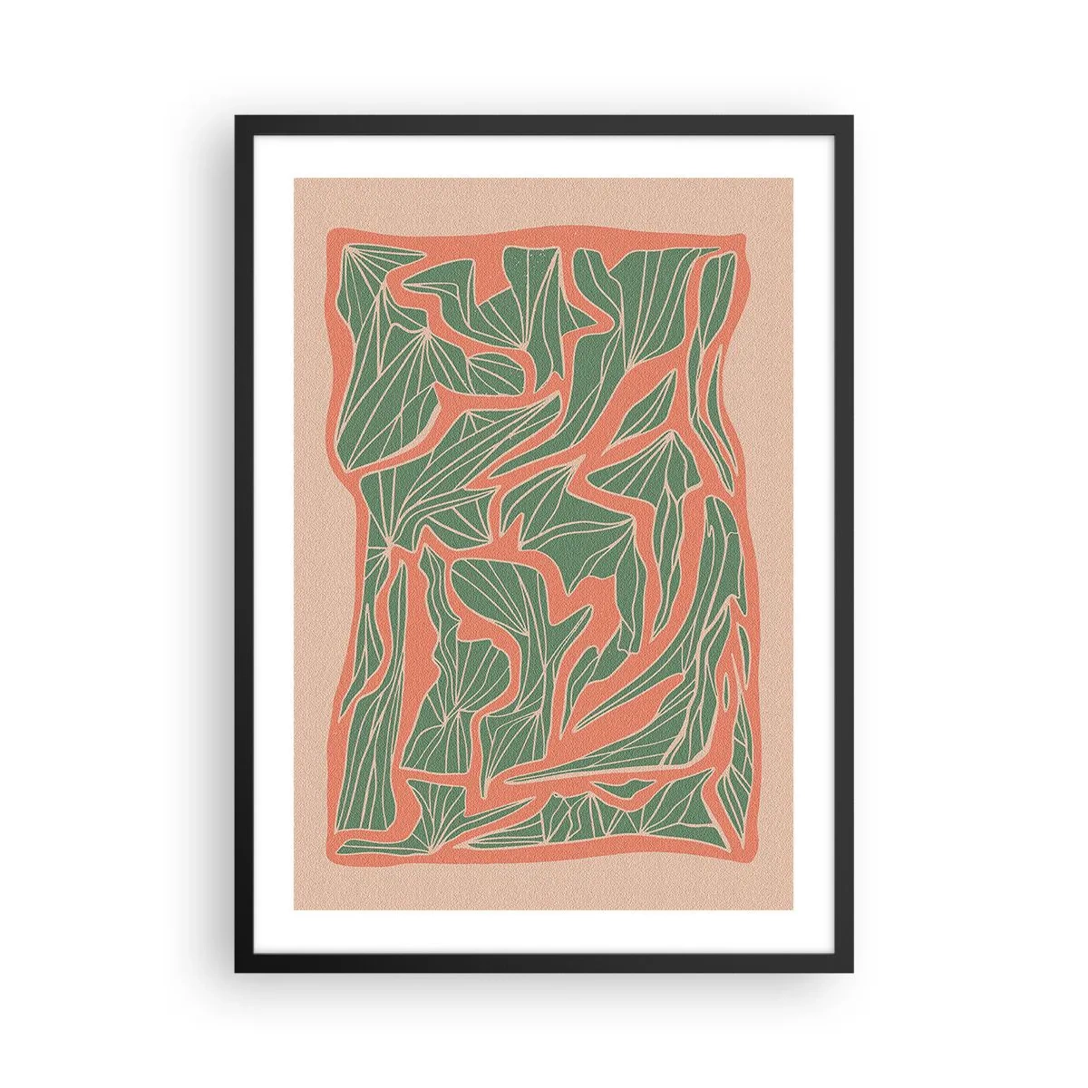 Affisch i svart ram - Abstrakt bladmönster i nyanser av grönt och terrakotta - 50x70cm - En kamp mellan korall och grönt - Modern väggdekoration för vardagsrum och sovrum ARTTOR