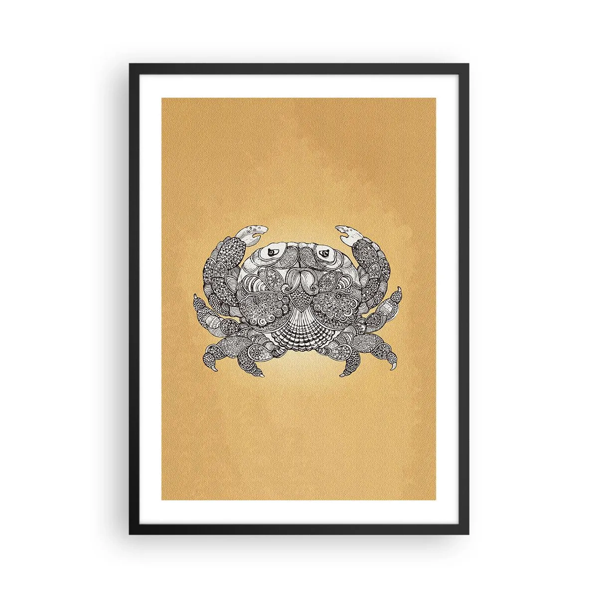 Affisch i svart ram - Dekorativ illustration av en krabba med ett fint mönster på en guldbakgrund - 50x70cm - Herr Krabba berättar - Modern väggdekoration för vardagsrum och sovrum ARTTOR