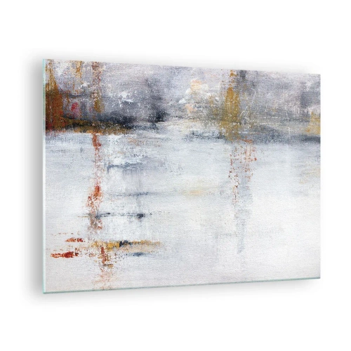 Glastavla - Bild på glas - En abstrakt målning med en subtil kombination av grått, vitt och guld. - 70x50cm - Bakom luftridån - Modern väggdekoration för vardagsrum och sovrum ARTTOR