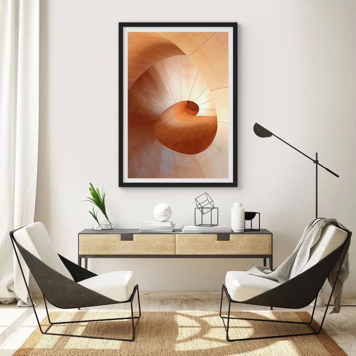 Affisch i svart ram - Träspiralstruktur med en gyllene nyans - 50x70cm - Arkitektonisk serpentin - Modern väggdekoration för vardagsrum och sovrum ARTTOR