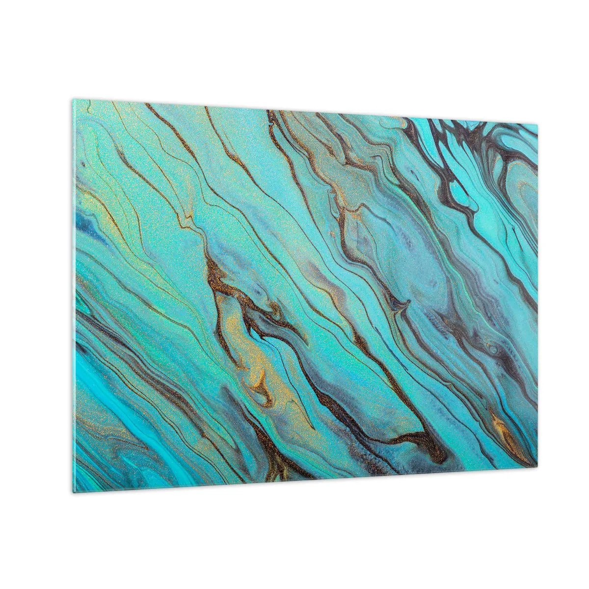 Glastavla - Bild på glas - Abstrakta ränder i turkos och guld - 70x50cm - Turkost tidvatten - Modern väggdekoration för vardagsrum och sovrum ARTTOR