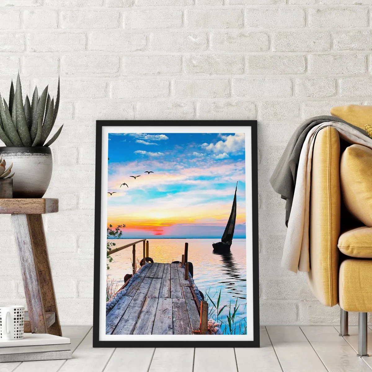 Affisch i svart ram - Sjöpiren vid solnedgången - 50x70cm - God kväll - Modern väggdekoration för vardagsrum och sovrum ARTTOR