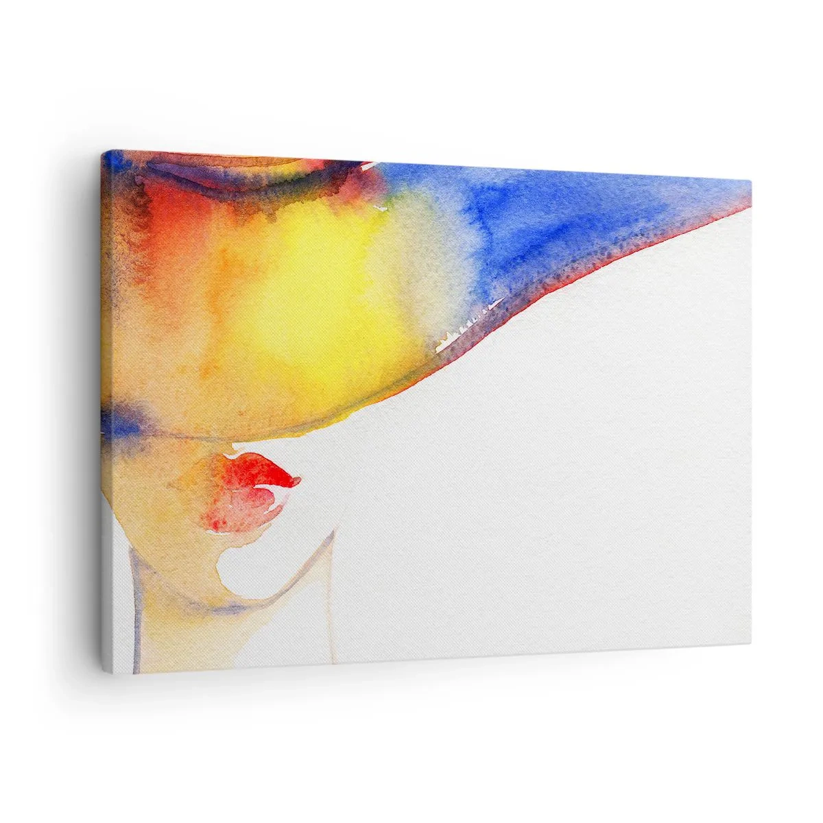 Canvastavla - Bild på duk - En minimalistisk akvarellmålning av en kvinnas profil med en färgglad hatt. - 70x50cm - Damporträtt    - Modern väggdekoration för vardagsrum och sovrum ARTTOR