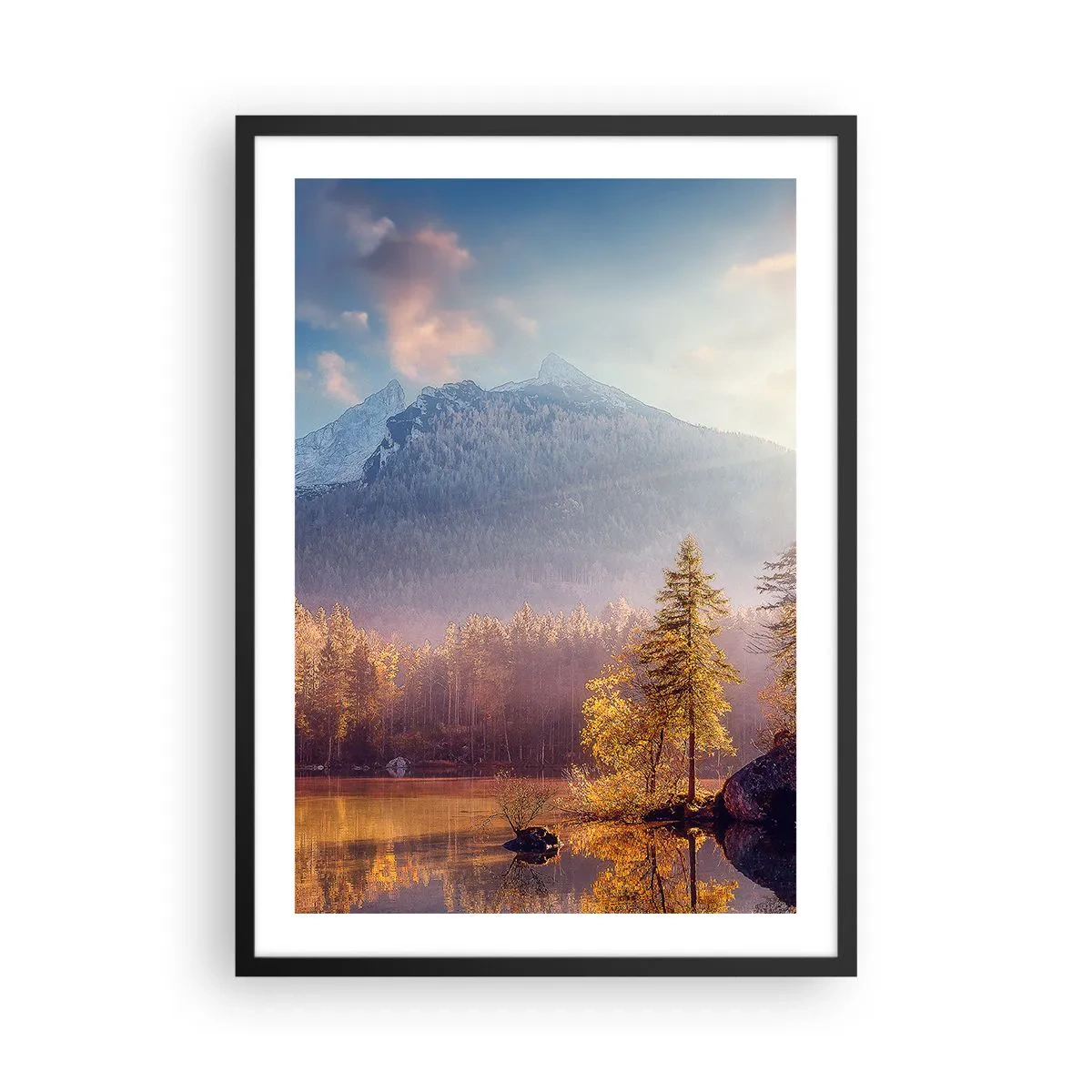Affisch i svart ram - Höstbergslandskap med reflektion i sjön - 50x70cm - I berg och dalar - Modern väggdekoration för vardagsrum och sovrum ARTTOR