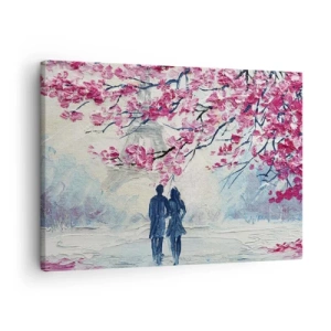 Canvastavla - Bild på duk - Ett par under blommande rosa träd i en romantisk miljö - 70x50cm - Romantisk promenad - Modern väggdekoration för vardagsrum och sovrum ARTTOR