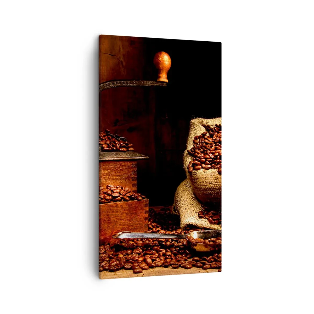 Canvastavla - Bild på duk - Stilleben med kaffebönor och kvarn - 45x80 cm