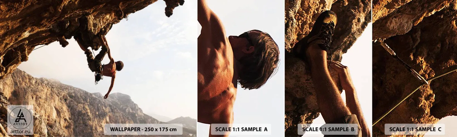 Provbit av självhäftande fototapet Deluxe Sticker - Världen i näven - Kalymnos ö, Bergsklättring, Landskap - 100x30 cm