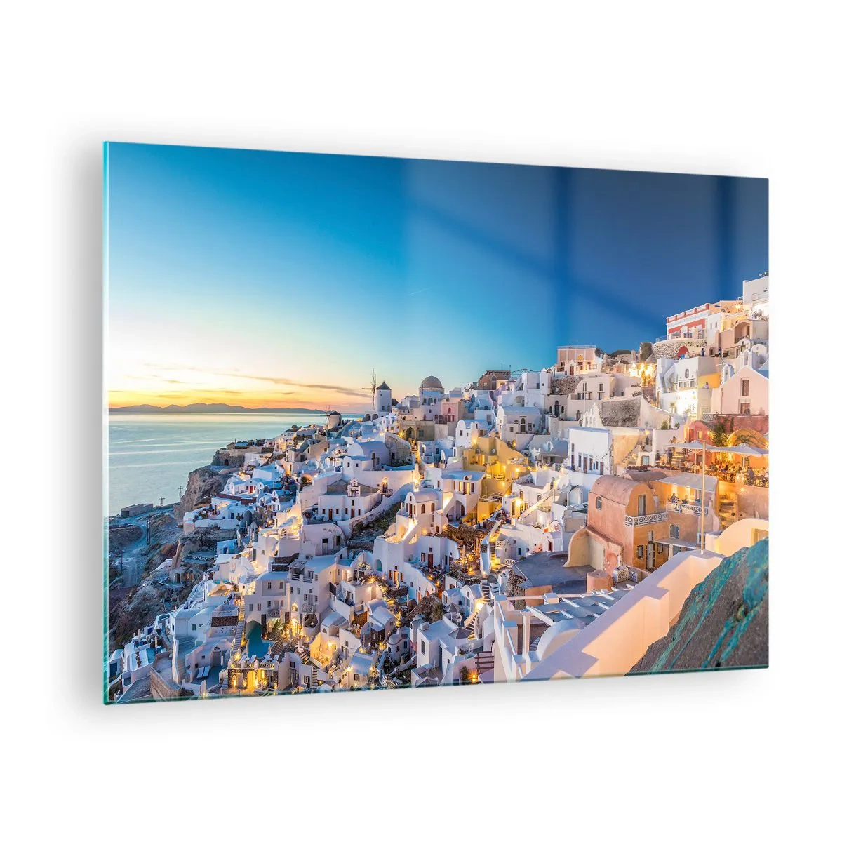 Glastavla - Bild på glas - Panorama över Santorini vid solnedgången - 70x50cm - Grekhetens essäns - Modern väggdekoration för vardagsrum och sovrum ARTTOR