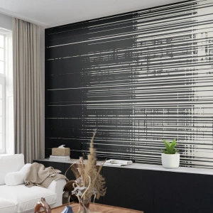 Fototapet Premium Sand - Vågor och vibrationer - Svartvitt, Streckkoder, Rader - 300x210 cm