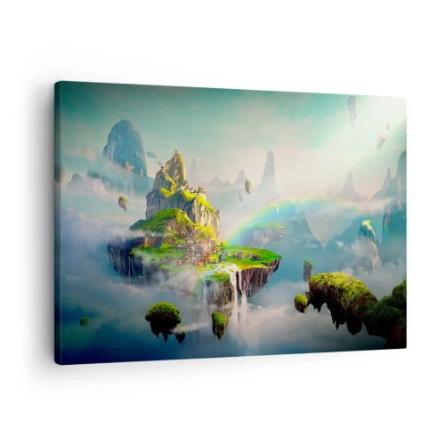 Canvastavla - Bild på duk - Flygande öar bland molnen med en regnbåge vid horisonten - 70x50cm - Mellanhimmel - Modern väggdekoration för vardagsrum och sovrum ARTTOR