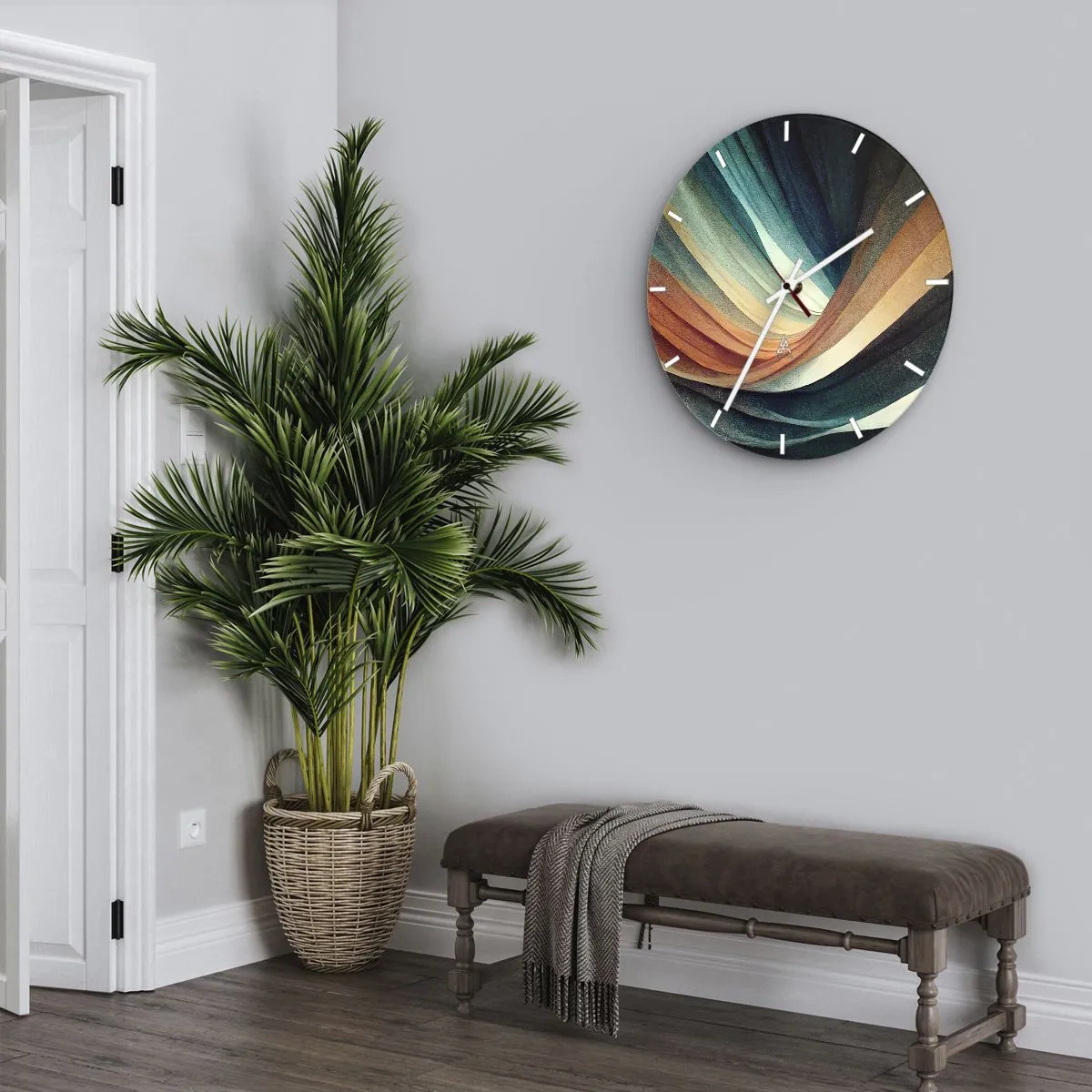Väggklocka - Klocka på glas - Vågiga färglager skapar en abstrakt tygstruktur - 30x30cm - Vävd av färger - Modern väggdekoration för vardagsrum, kök och sovrum ARTTOR