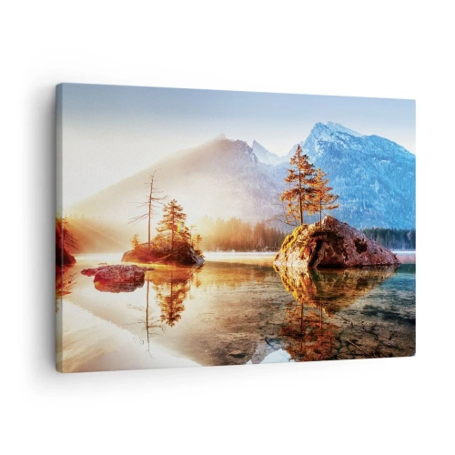 Canvastavla - Bild på duk - En sjö med öar och berg i bakgrunden vid soluppgången - 70x50cm - Naturen i ett nytt ljus - Modern väggdekoration för vardagsrum och sovrum ARTTOR