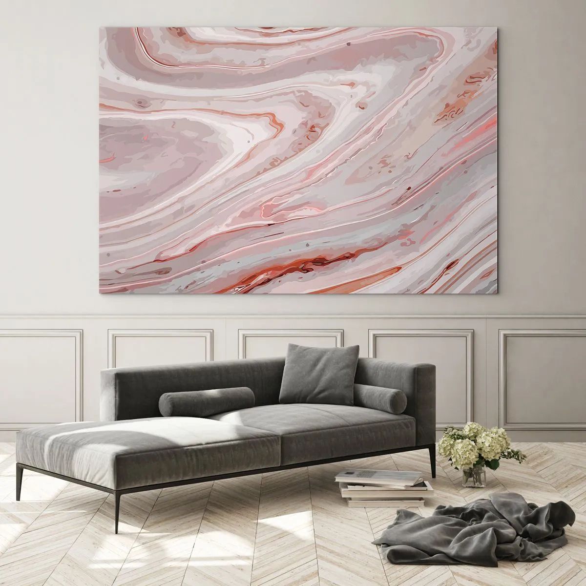 Glastavla - Bild på glas - Abstrakt mönster i nyanser av rosa och brunt - 70x50cm - Flytande rosa - Modern väggdekoration för vardagsrum och sovrum ARTTOR