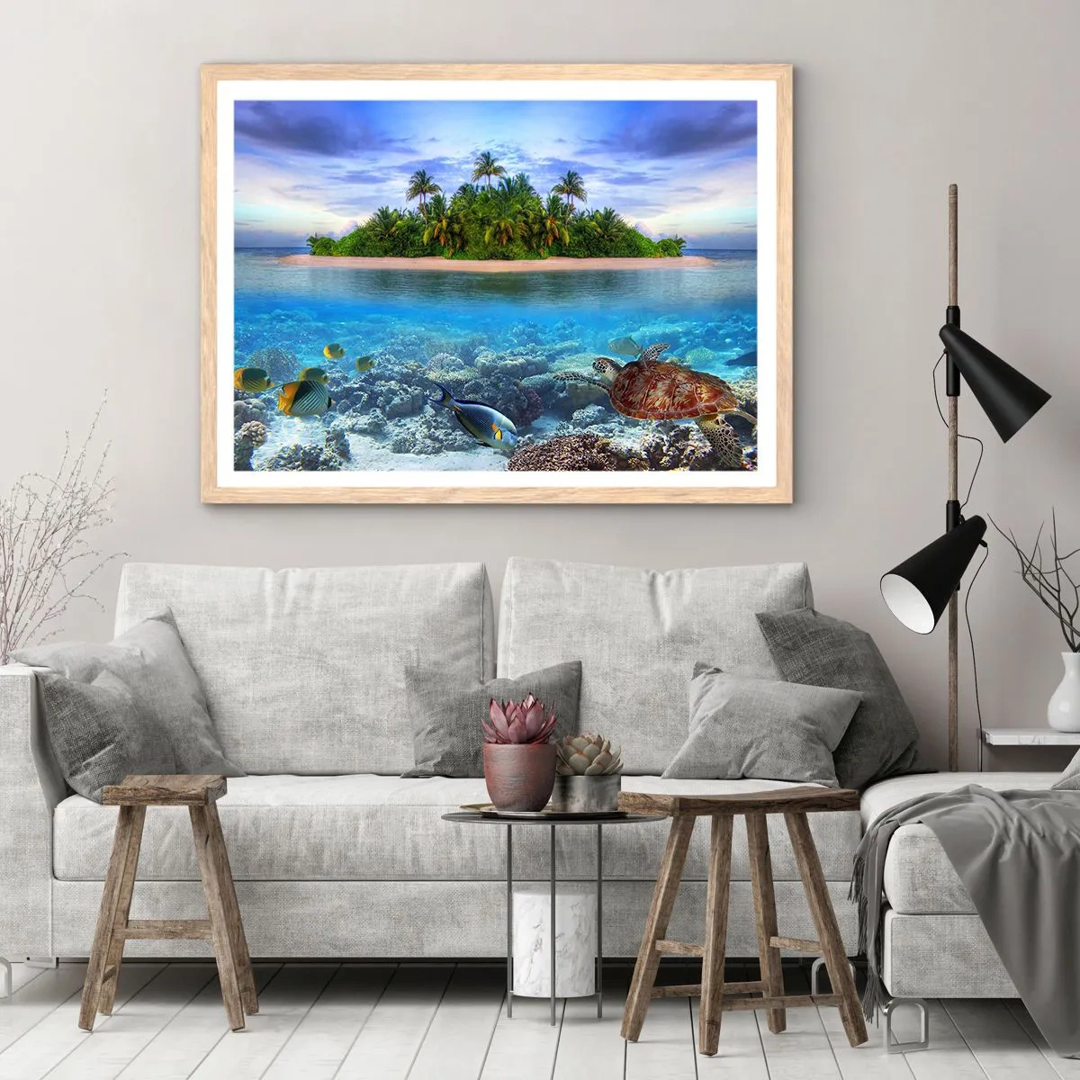 Affisch i ram av ljusek - Himmelska ön hälsar välkommen - 40x30 cm