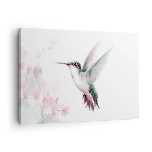 Canvastavla - Bild på duk - En kolibri i fina pastellfärger mot en bakgrund av blommor - 70x50cm - Fångad flaxande - Modern väggdekoration för vardagsrum och sovrum ARTTOR