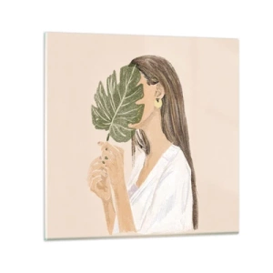 Glastavla - Bild på glas - Mystiskt porträtt med solfjäder - 50x50 cm