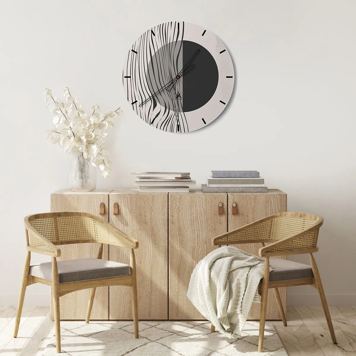 Väggklocka - Klocka på glas - Abstrakt komposition med vågor och en cirkel - 30x30cm - Halvdan komposition - Modern väggdekoration för vardagsrum, kök och sovrum ARTTOR