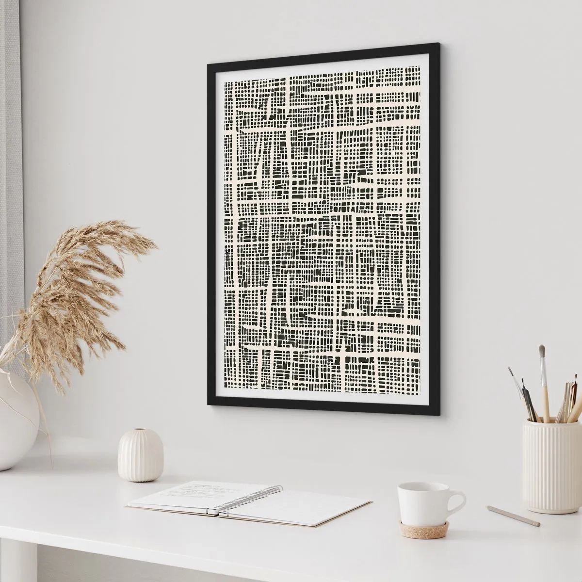 Affisch i svart ram - Geometriskt mönster i svart mot ljus bakgrund - 50x70cm - Vävd komposition - Modern väggdekoration för vardagsrum och sovrum ARTTOR