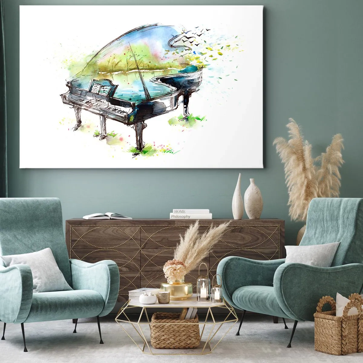 Canvastavla - Bild på duk - Konstnärlig akvarellmålning av ett piano med naturen i bakgrunden - 70x50cm - Förtrollad i musiken - Modern väggdekoration för vardagsrum och sovrum ARTTOR