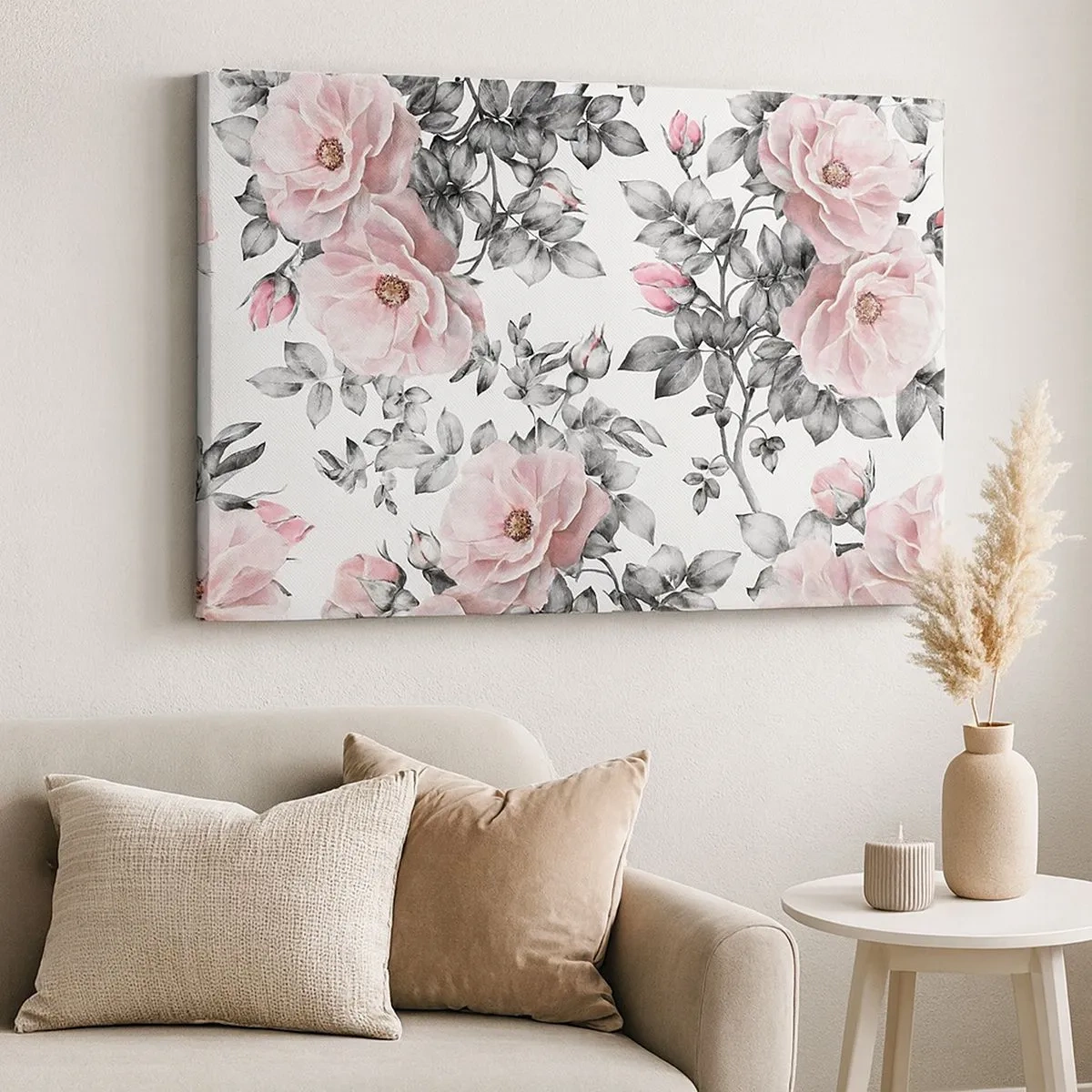 Canvastavla - Bild på duk - Rosa rosor och blad på en delikat svartvit bakgrund - 70x50cm - Tappa sig i rosblommorna - Modern väggdekoration för vardagsrum och sovrum ARTTOR