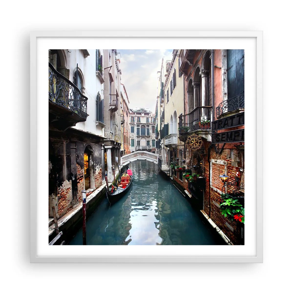 Affisch i vit ram - Venedig-landskap med gondol och bro - 60x60 cm