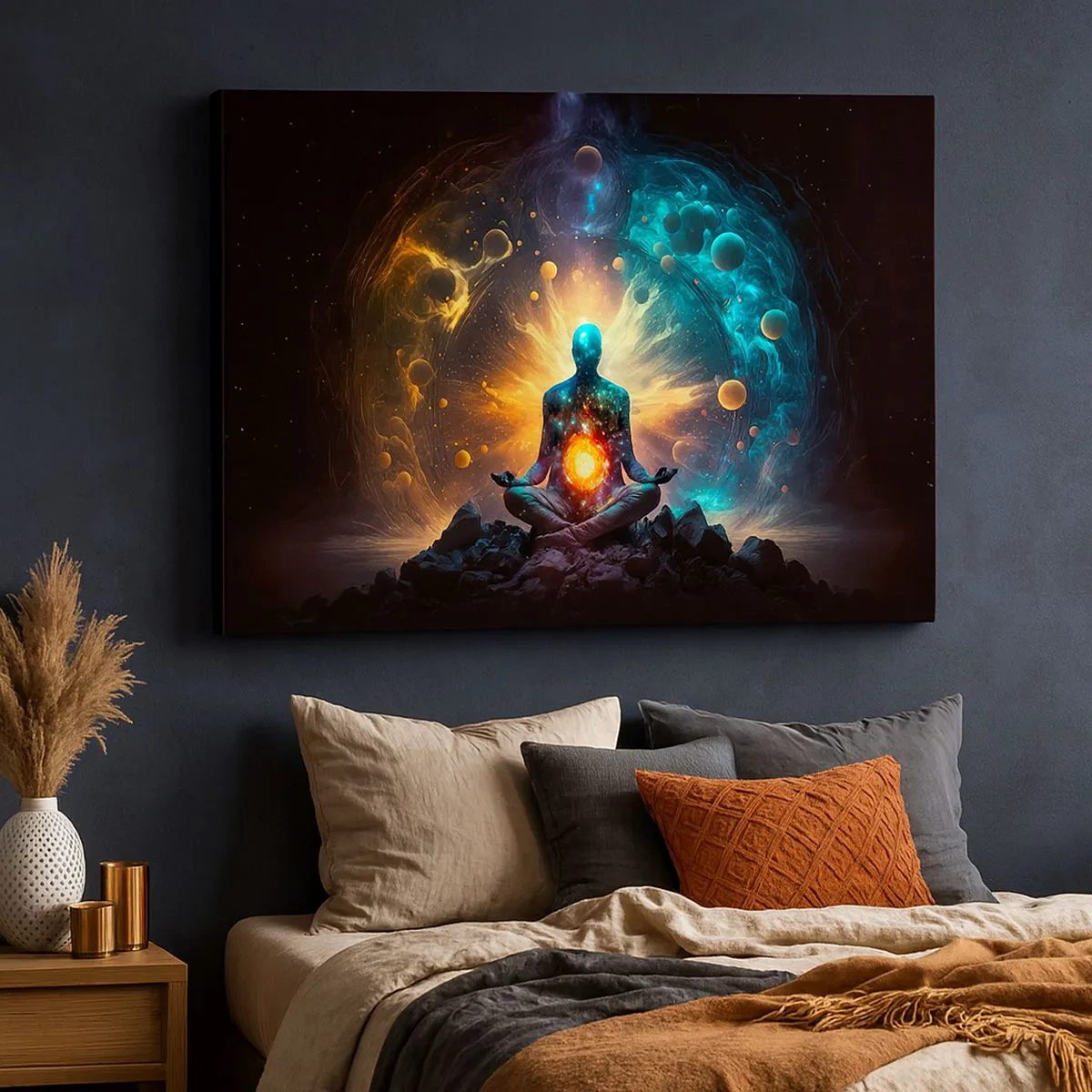 Canvastavla - Bild på duk - En figur i meditation omgiven av en kosmisk aura - 70x50cm - Kosmisk stillhet - Modern väggdekoration för vardagsrum och sovrum ARTTOR