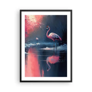 Affisch i svart ram - Flamingos på en lugn sjö - 50x70cm - En fågels tillflyktsort - Modern väggdekoration för vardagsrum och sovrum ARTTOR
