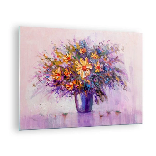Glastavla - Bild på glas - En bukett färgglada blommor i en vas på en pastellfärgad bakgrund - 70x50cm - Doftar sött, ser sött ut - Modern väggdekoration för vardagsrum och sovrum ARTTOR