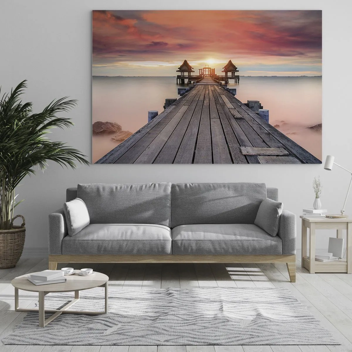 Glastavla - Bild på glas - Träpir som leder till lusthus vid vattnet vid solnedgången - 70x50cm - Skymning i öst - Modern väggdekoration för vardagsrum och sovrum ARTTOR