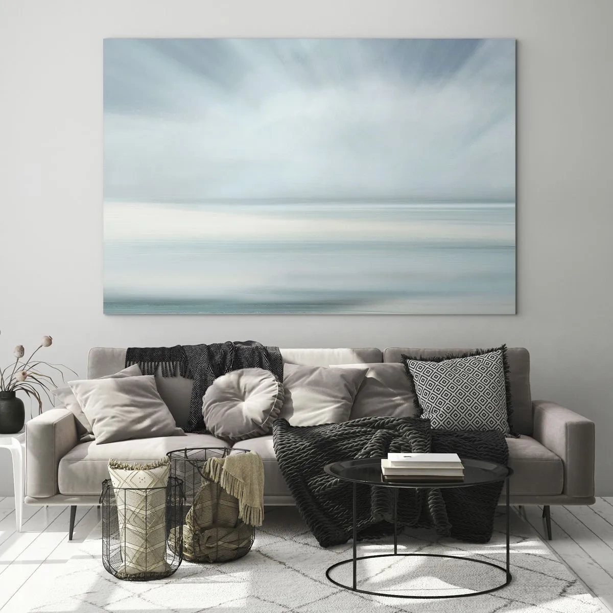 Glastavla - Bild på glas - Suddig abstraktion i nyanser av blått, vitt och grått - 70x50cm - Fred hela vägen till horisonten - Modern väggdekoration för vardagsrum och sovrum ARTTOR