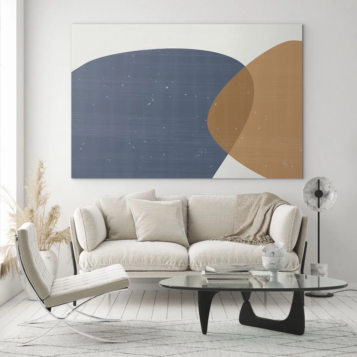 Glastavla - Bild på glas - Geometrisk komposition med marinblå och beige ovaler - 70x50cm - Ovaler och influenser - Modern väggdekoration för vardagsrum och sovrum ARTTOR
