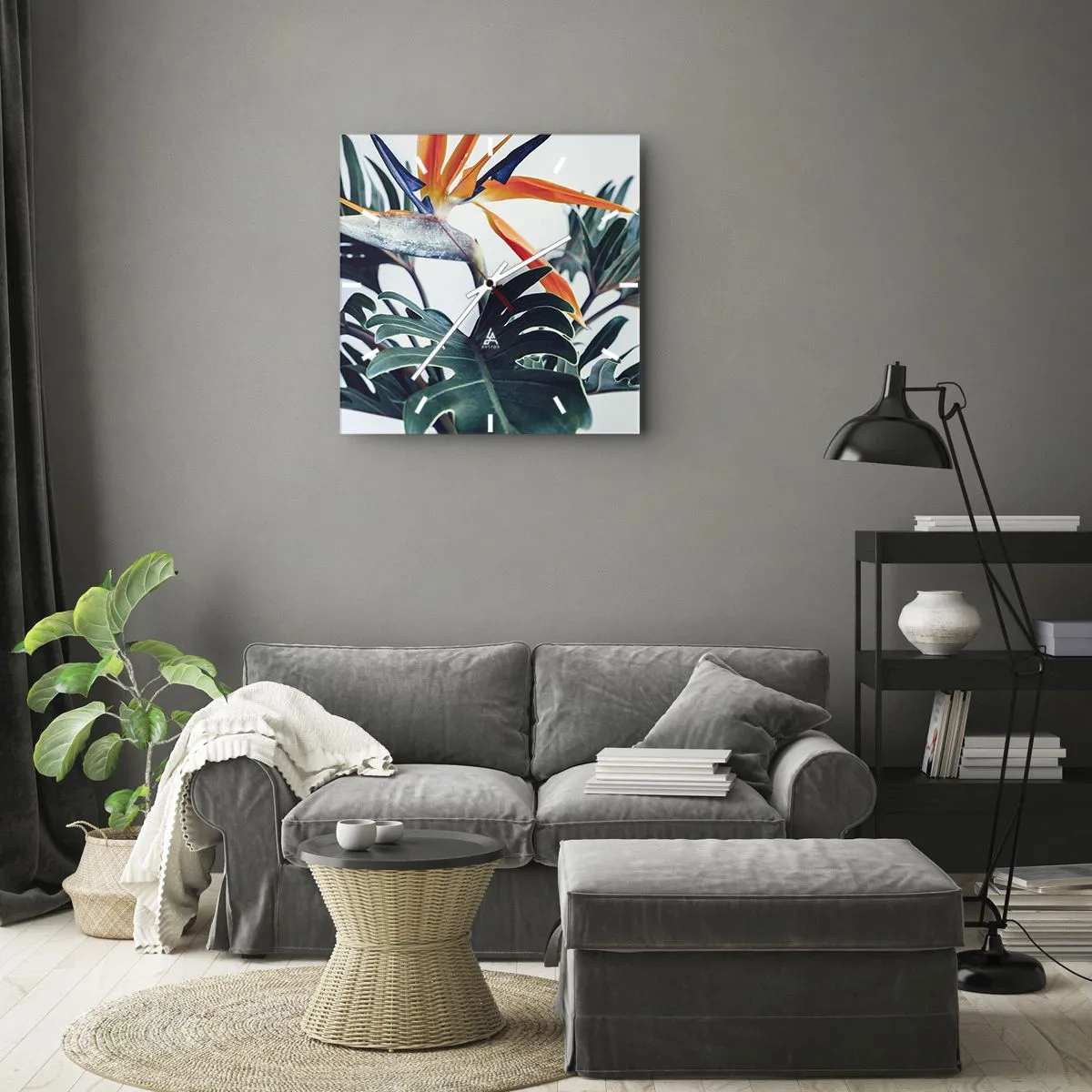 Väggklocka - Klocka på glas - Fågelbuske - 40x40 cm