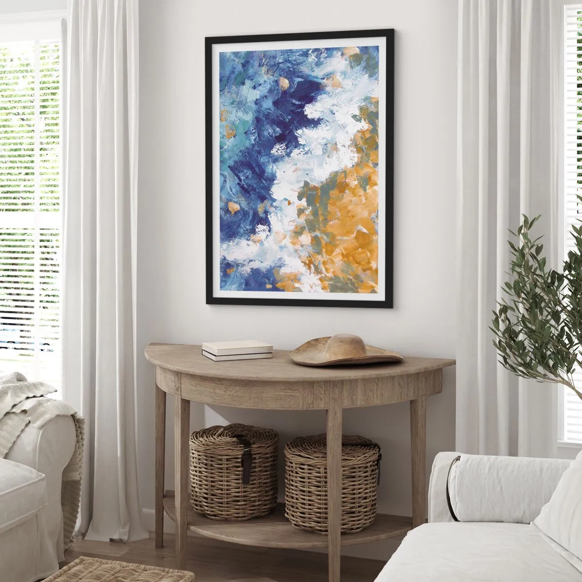 Affisch i svart ram - En abstrakt komposition i nyanser av blått, vitt och guld. - 50x70cm - Elementens dans - Modern väggdekoration för vardagsrum och sovrum ARTTOR