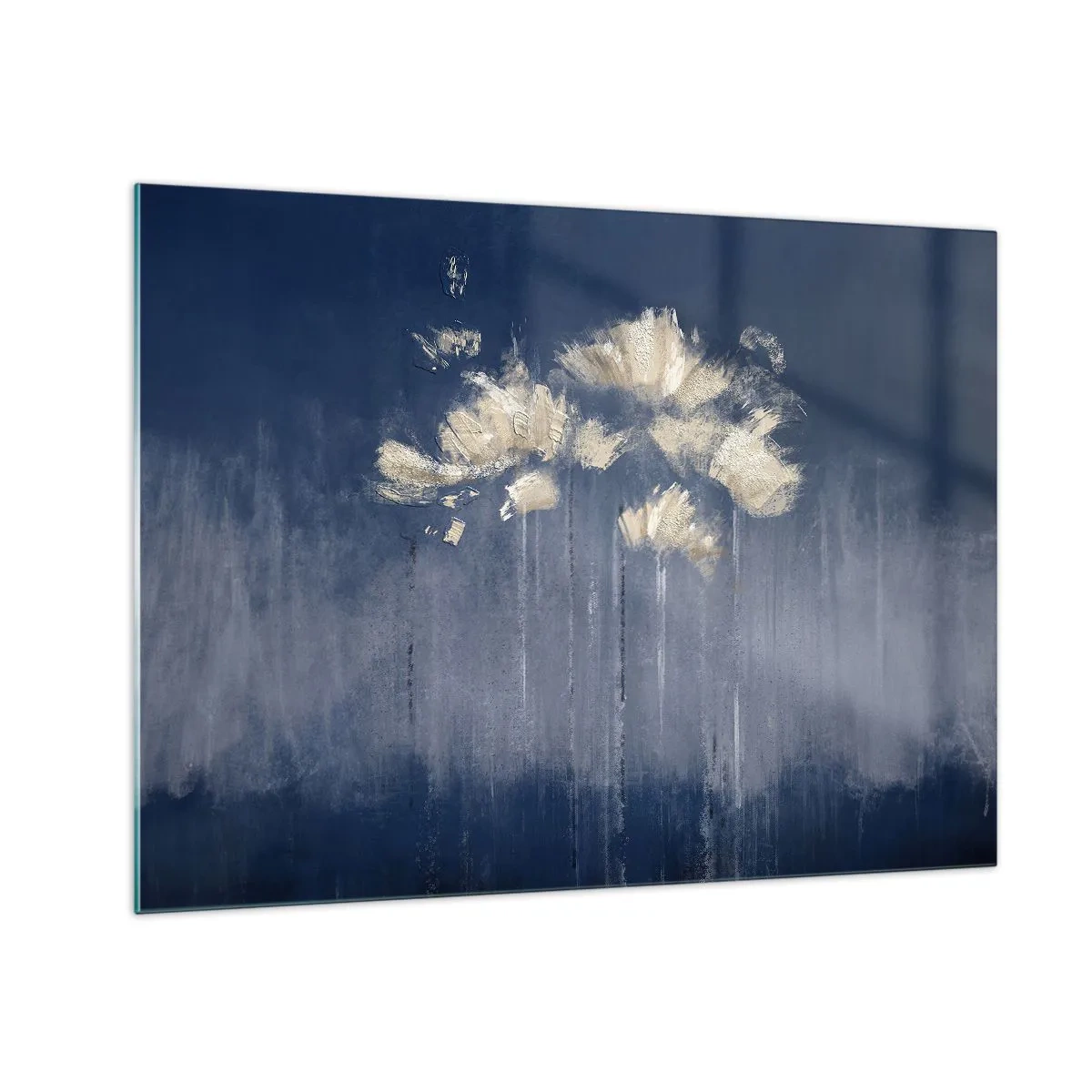 Glastavla - Bild på glas - Abstrakt guldfärgad blomsterarrangemang på marinblå bakgrund - 70x50cm - Som kronblad i vinden - Modern väggdekoration för vardagsrum och sovrum ARTTOR