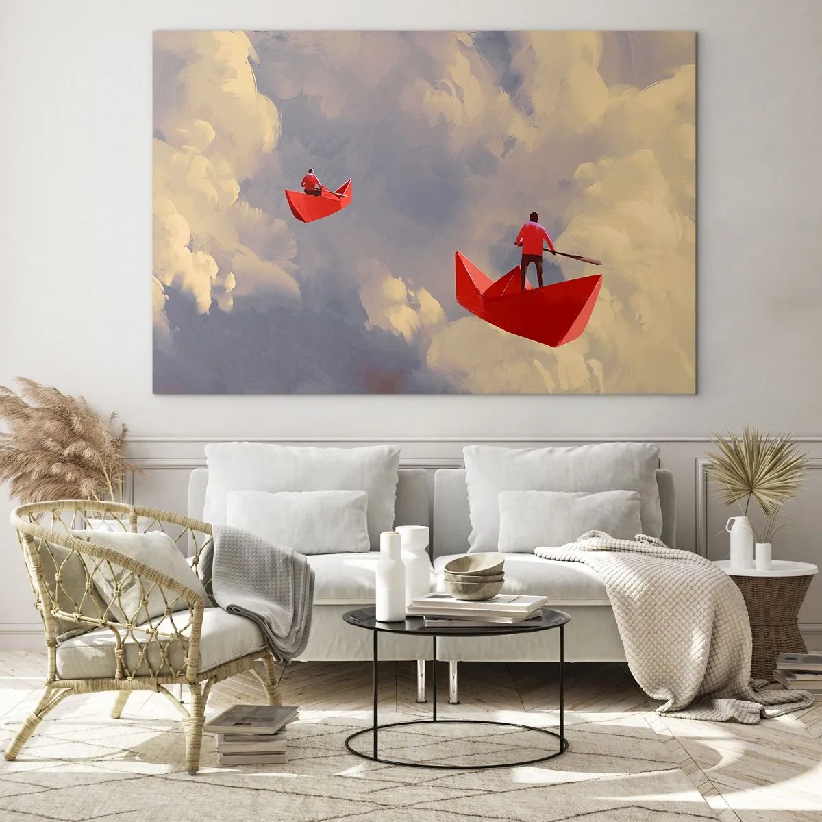 Glastavla - Bild på glas - Två personer i röda båtar mot en molnig himmel - 70x50cm - Drömmarnas utflykt - Modern väggdekoration för vardagsrum och sovrum ARTTOR